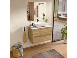 Mueble de lavabo con lavabo de cerámica y espejo, mueble de lavabo con 2 cajones, de 80 x 55 x 46 cm, acabado roble y encimera Bellobath en color blanco.