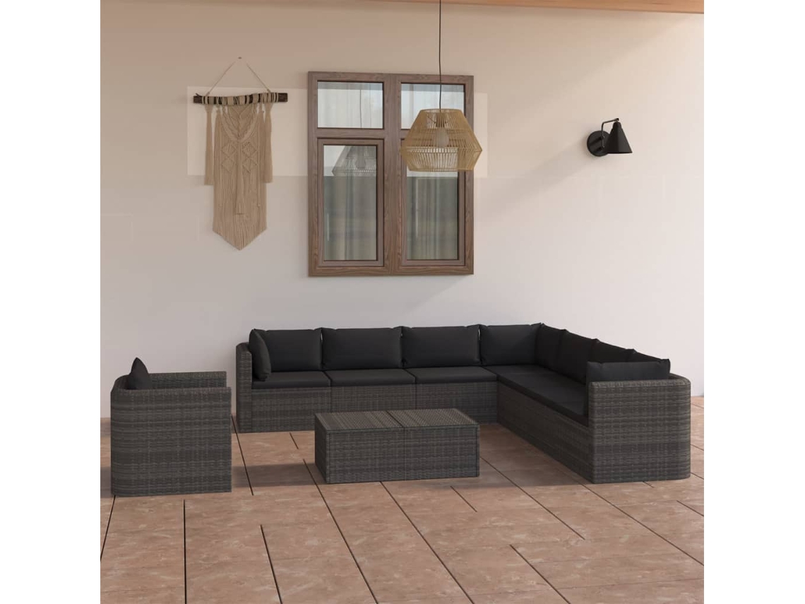 Conjunto de jardín DKD Home Decor de 9 piezas con cojines de mimbre gris