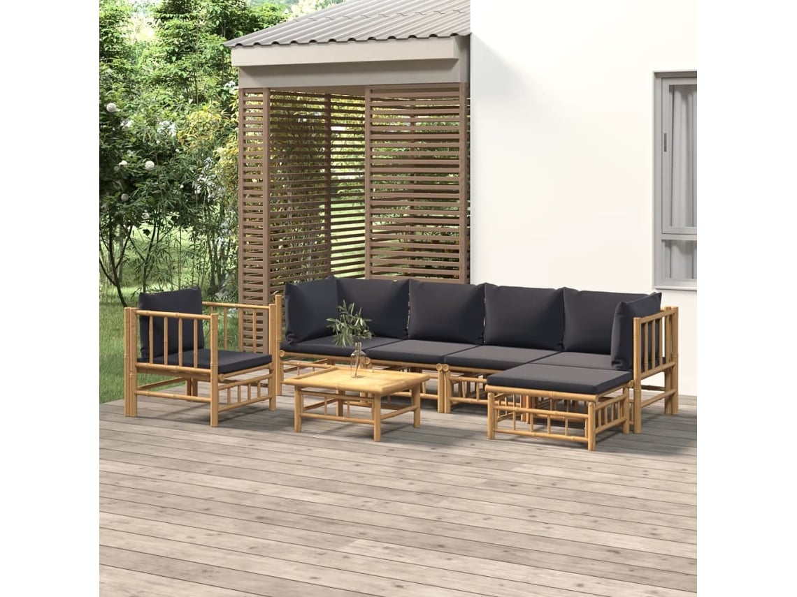 7 unidades Conj. Lounge De Jardim Bambu C/ Almofadões Cinzento Escuro Dkd Home Decor