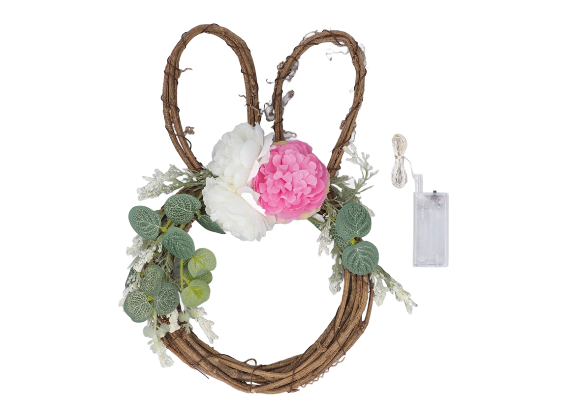 Corona De Pascua Con Conejito De Mimbre Artificial Y Luces Para Decorar La Puerta.