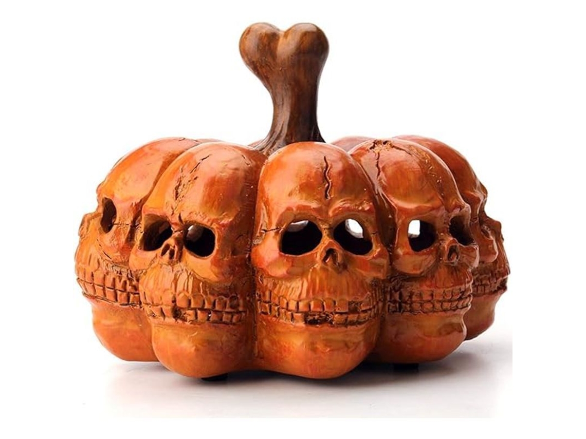Adorno de calabaza con calavera LED para decoración de Halloween en interiores, resina, luz cálida.