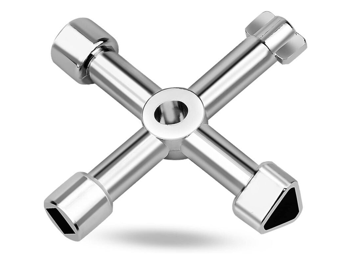 Llave multifuncional universal 4 en 1 de acero galvanizado para ascensores, armarios electrónicos y válvulas plateadas.