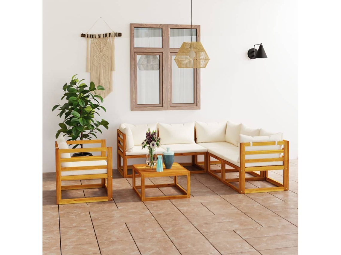 7 Piezas Conjunto Lounge Jardim C/ Almofadões Acácia Maciça Creme Dkd Decoración Del Hogar