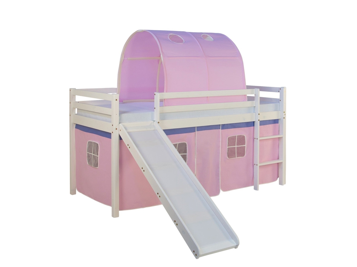 Cama Alta Infantil Con Somier Tobogán Túnel Y Cortina Modelo Rosa 90x200 Cm Lit06187