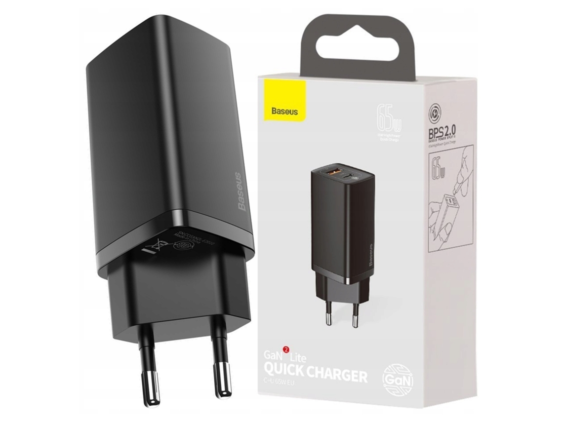 Cargador Baseus Gan2 Lite 65w, Rápido Con Usb-c Y Usb, Quick Charge 3.0, Power Delivery, Nitruro De Galio, Color Negro (ccgan2l-b01)