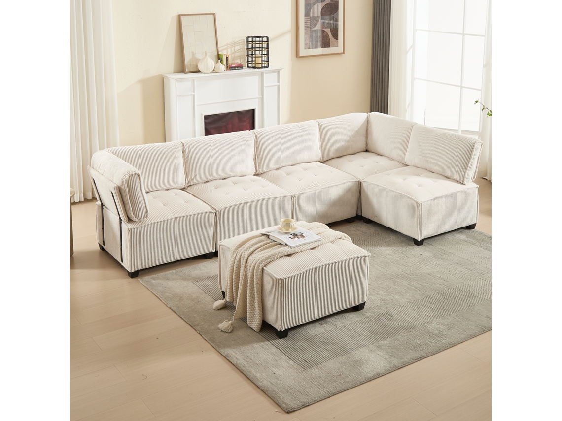 Sofá modular de 6 plazas de 308 cm, tapizado en pana, ergonómico, con compartimentos, convertible en sofá cama Mobrio.