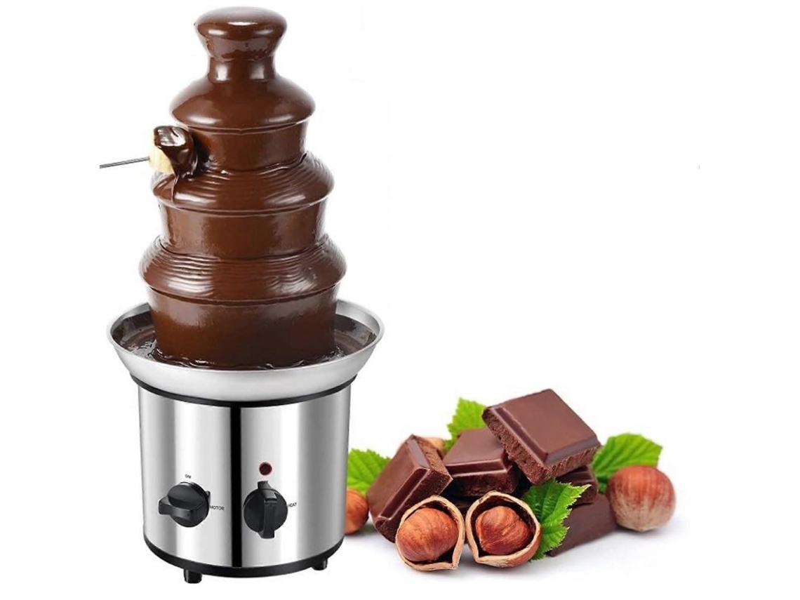Fuente de chocolate comercial de acero inoxidable con control digital de temperatura, 4 niveles de fondue, ideal para fiestas y bodas.