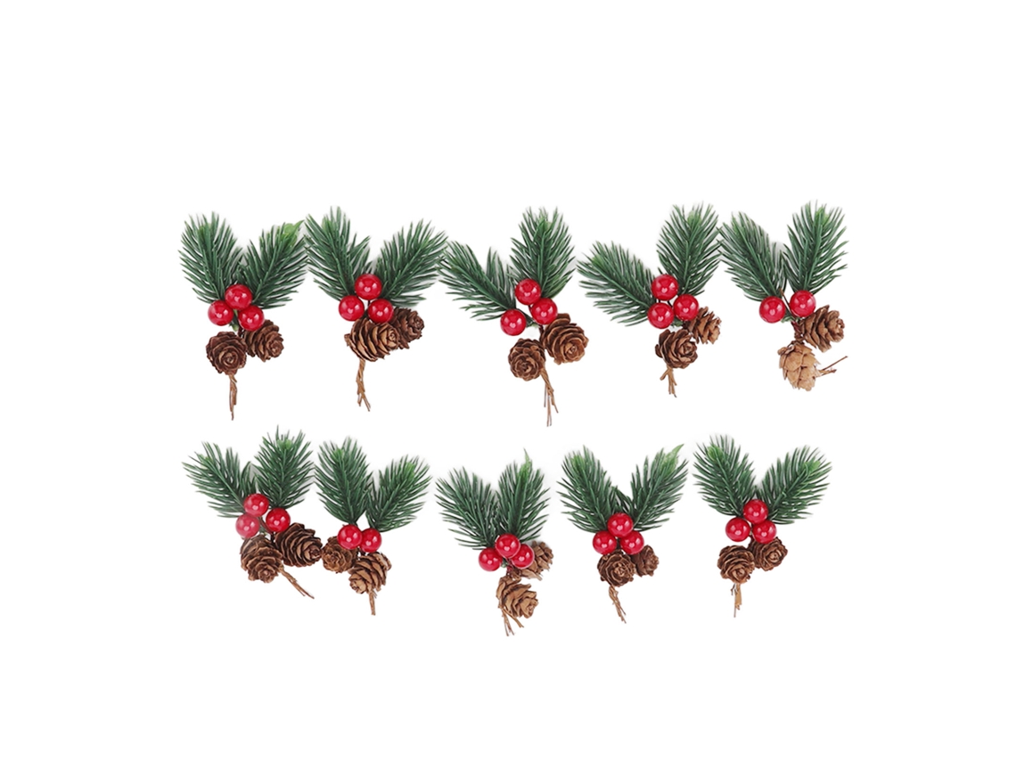 10 Palitos Decorativos Navideños Con Piñas Y Bayas Rojas - Delicados Y Decorativos Para Navidad