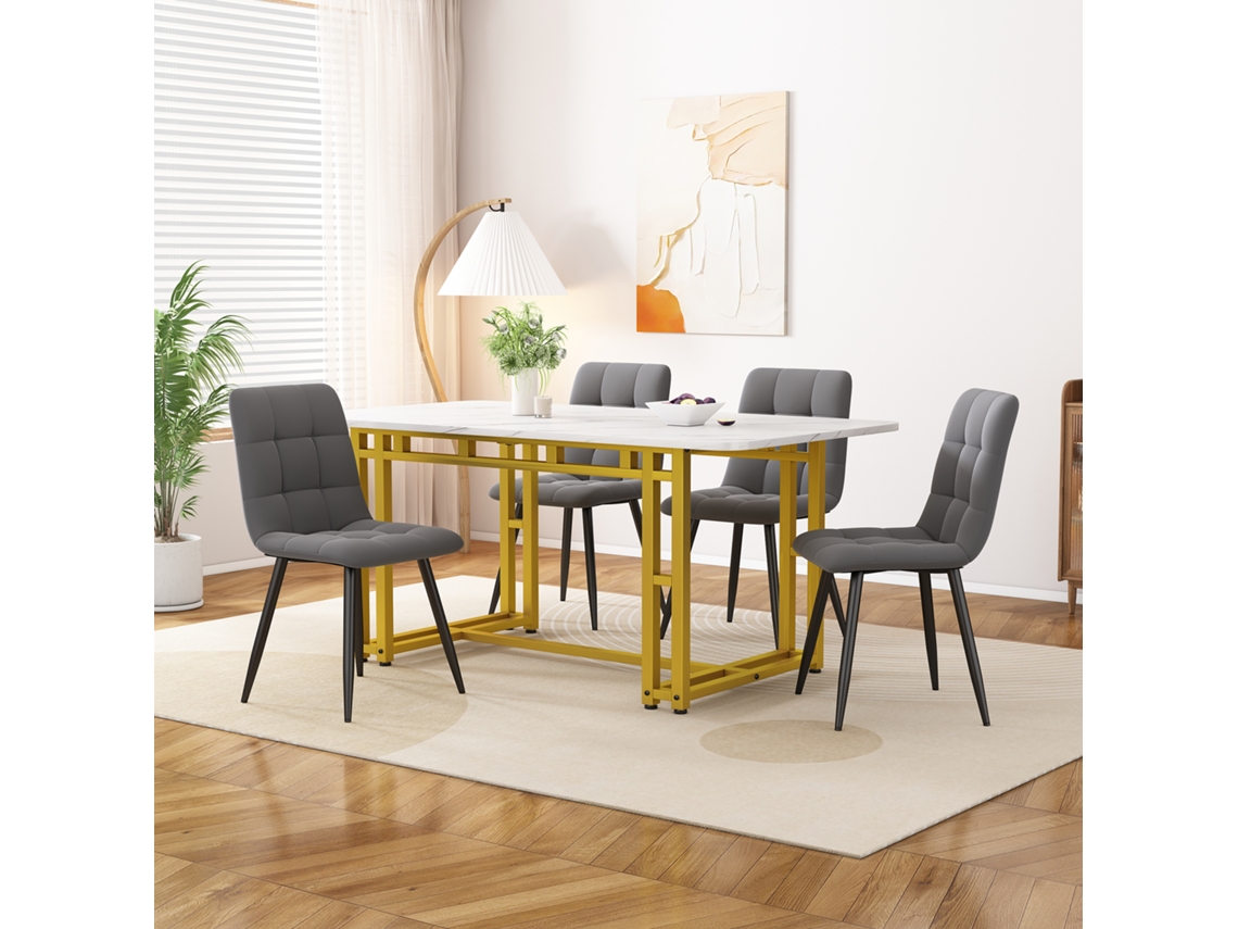 Set De Comedor 5 Piezas: Mesa 120×70 cm Dorada + 4 Sillas Gris Oscuro De Terciopelo, Mesa De Cocina Moderna, Patas Doradas