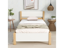 Cama Individual De 90x200 Cm, Cama De Madera, Estructura De Pino Con Mediopié, Cama Juvenil, Cama De Adulto, Blanco Natural