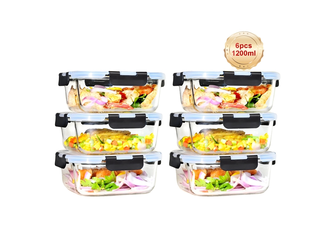 Recipientes de vidrio para almacenar alimentos, diseño hermético, aptos para microondas, 6 x 1200 ml, M