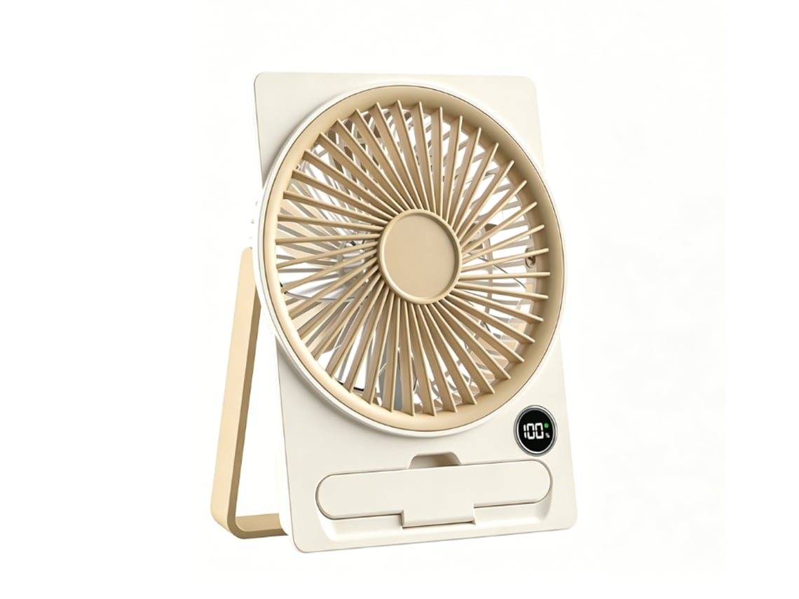 Ventilador De Escritorio Recargable Por Usb Con Pantalla Led Y Soporte Para Teléfono, 6 Modos, Color Beige. Gertiz