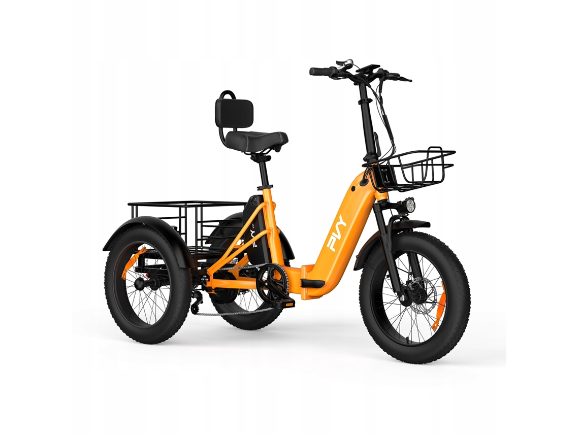 Triciclo eléctrico urbano plegable PVY F20, 1000 W, 48 V, 21 Ah, autonomía máxima de 80 km, neumáticos anchos de 20", color naranja.