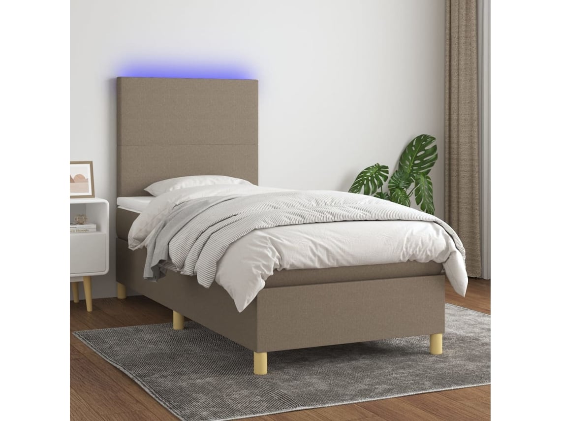 Cama Box Spring Colchón Y Luces Led Tela Gris Taupe 100x200 Cm