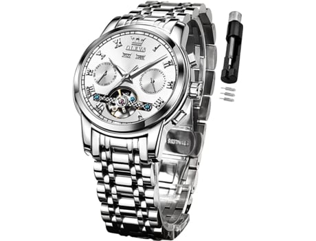 VEANXIN Reloj Automático para Hombre Reloj Mecánico de Negocios de Acero Inoxidable Multicalendario Reloj Luminoso Impermeable(plata)