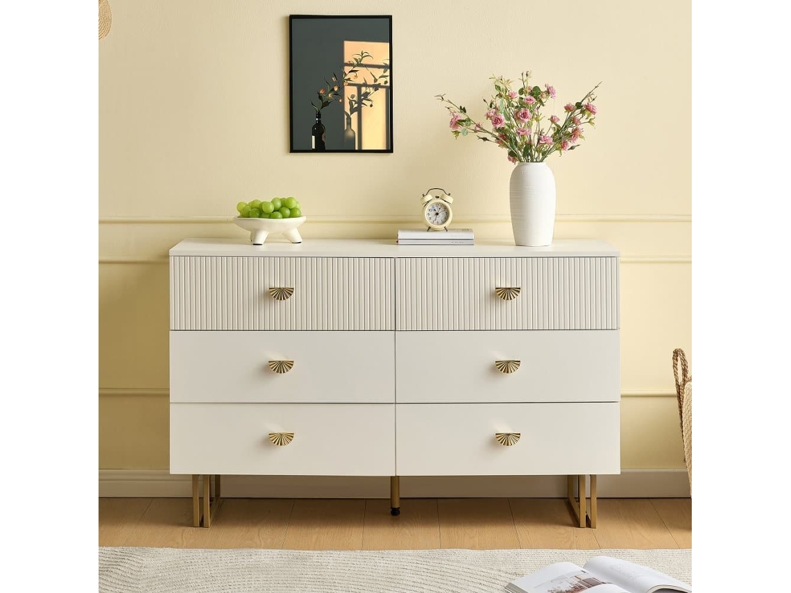 Aparador Moderno 120x40x75 Cm - 6 Cajones, Diseño Elegante, Mdf Y Acero, Blanco Y Detalles Dorados