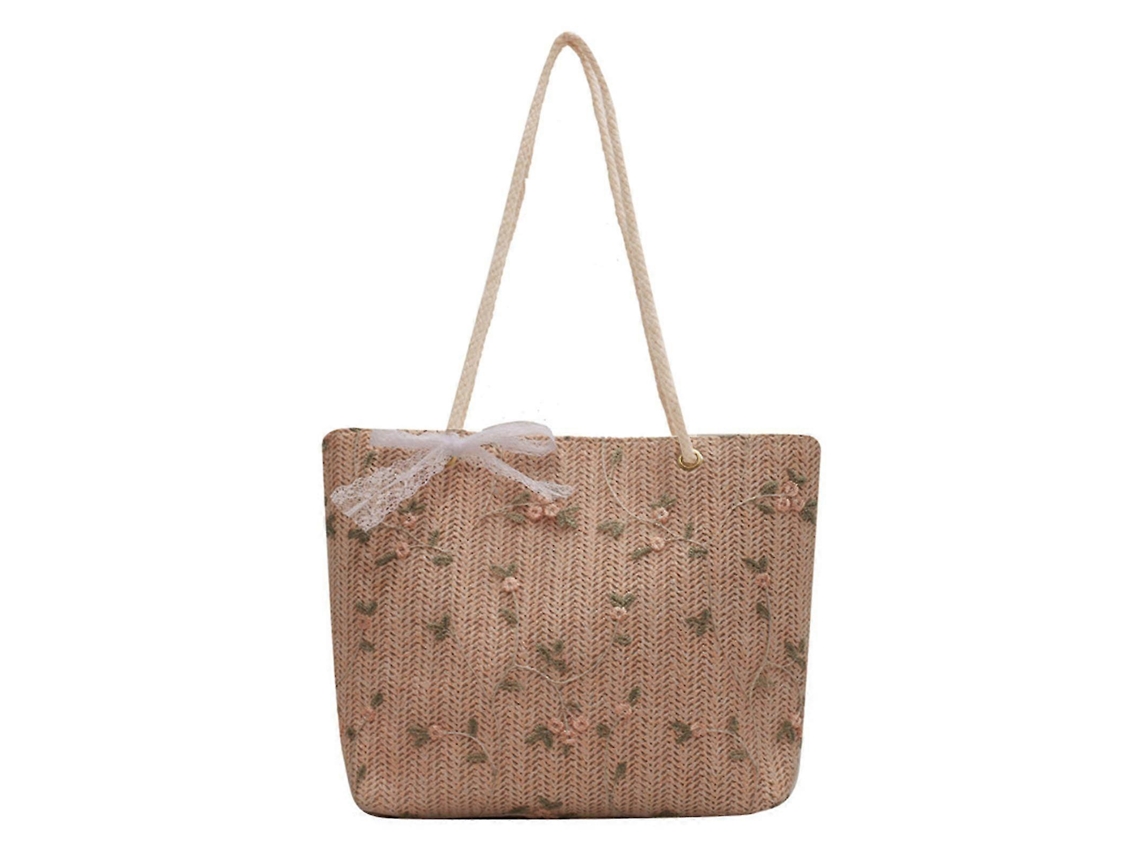 Bolso bandolera grande con asa de paja y encaje floral, color caqui.