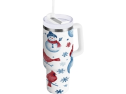 Taza térmica navideña con muñecos de nieve, 1200 ml, con pajita y tapa de acero inoxidable, sin marca.