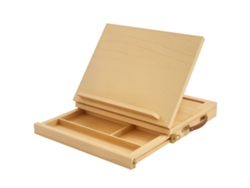 Mesa de caballete de madera con cajón para lienzos pequeños, ideal para principiantes, acabado natural.