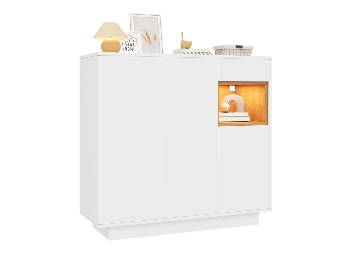 Zapatero con cajón y estantes regulables, blanco y madera natural, MOBRIO (105x39,5x100,5 cm)