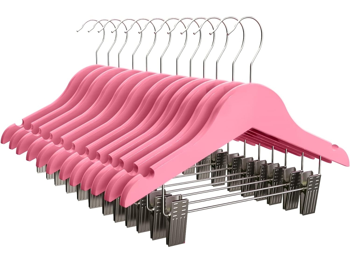 COM-FORT HOUSE | Percha Madera Cadete con Pinzas| Percha Infantil | Color Rosa| Percha Madera de Arce | con Muescas Antideslizantes | 30 x 1.2 x 22 cm | Pack 12 Unidades |