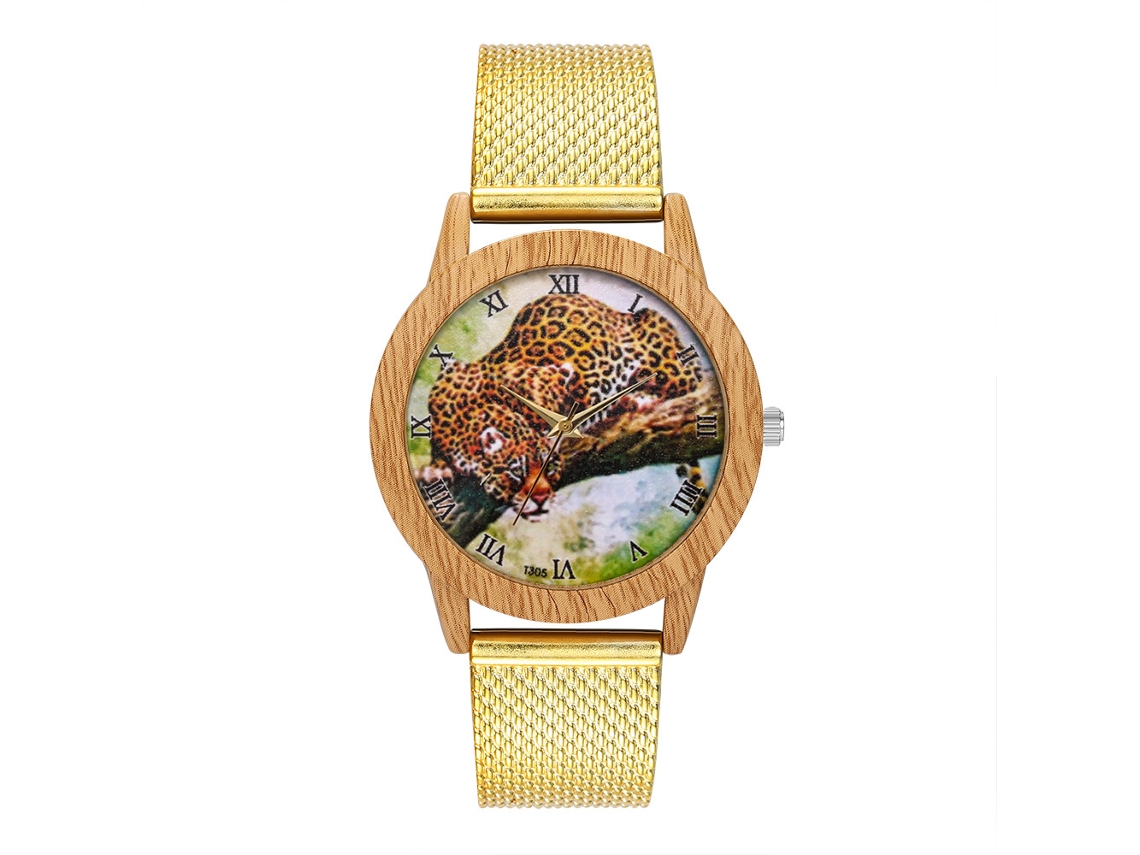 Reloj Unisex De Cuarzo Con Correa De Malla De Acero Y Dial Leopardo Romanos Oro Zhoulianfa