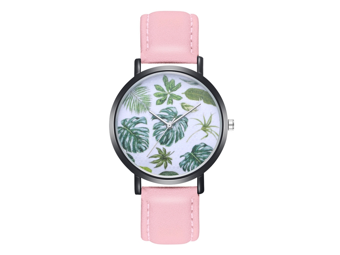 Reloj De Cuarzo Con Correa De Pu Dial Redondo Patrón De Hoja Zhoulianfa Rosa