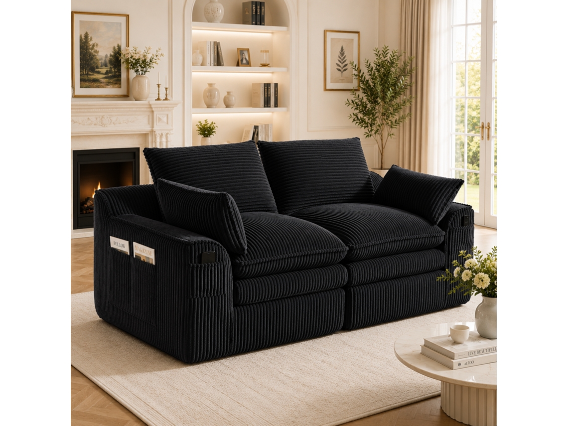 Sofá Modular De Pana Para 2 Personas Con Cojines, Bolsillos Laterales, Espuma Y Muelles, Color Negro.
