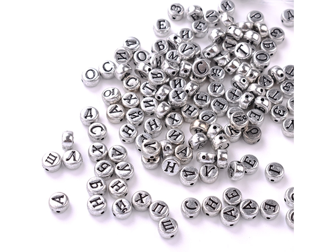 100 Cuentas Redondas Acrílicas Con Letras Rusas De 4*7 Mm Para Bisutería Diy (plateadas)