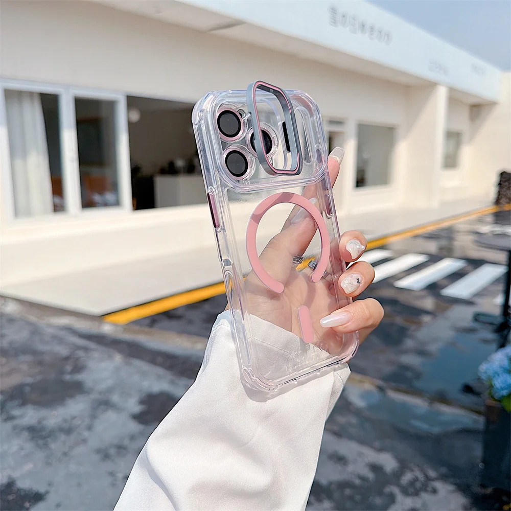 (iphone 15 Plus, Rosa) Funda Magnética Transparente Para Iphone, Cubierta Protectora A Prueba De Golpes.