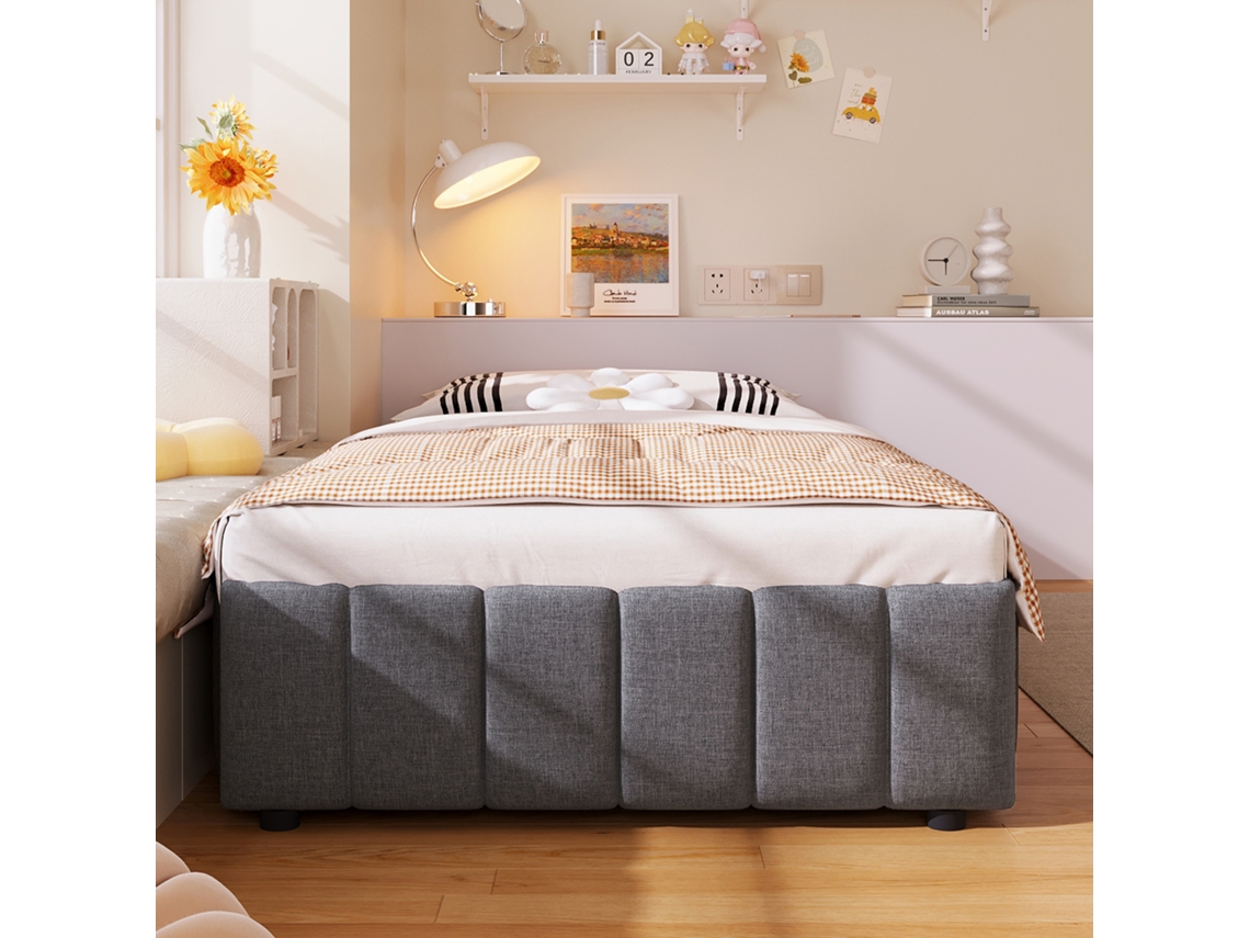 Cama Tapizada De Lino 90x200cm, Hidráulica Con Gran Baúl, Sin Cabecero, Robusta 226kg, Sin Colchón, Gris
