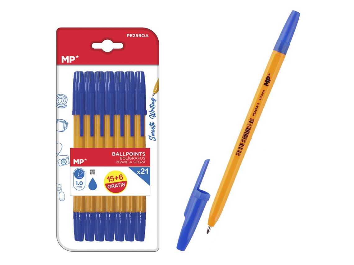 Juego de 21 bolígrafos de tinta azul suave con punta de 1,0 mm.