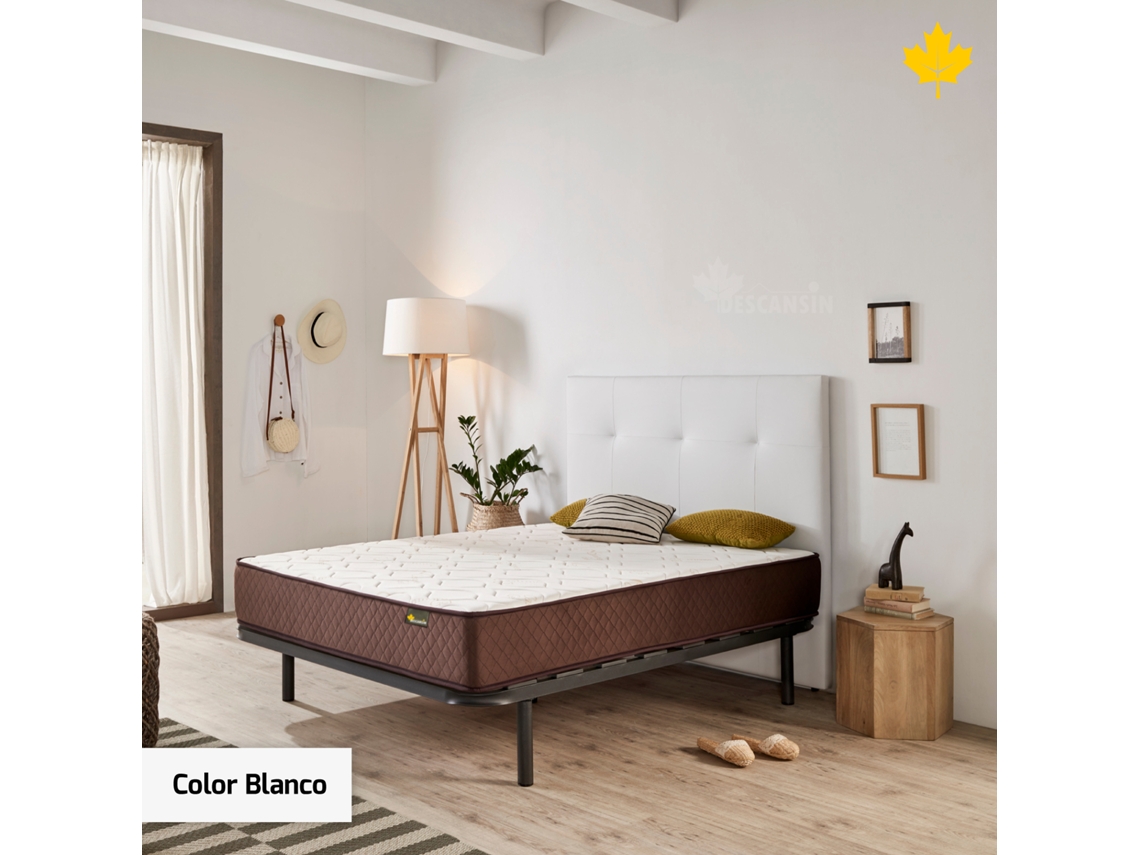 Pack Colchón y Cabecero Tapizado y Somier DESCANSIN | 90 x 180 | Blanco | Ideal para Personas con Dolores de Espalda | Facil montaje | Silencioso