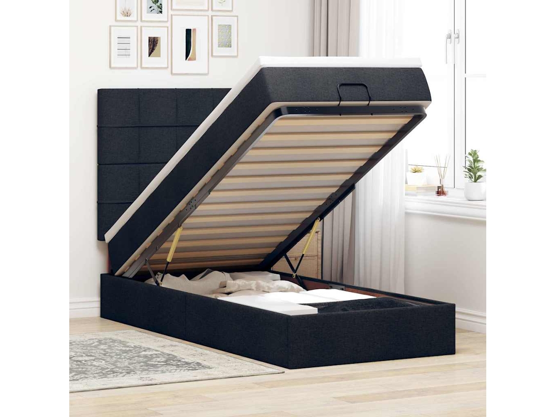 Cama Otomana Con Colchón Y Luces Led Tela Negra 80x200cm
