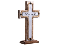 Cruz de madera con base extraíble, cruz religiosa espiritual para decoración del hogar, exhibición rústica de fe con colgante de metal para uso doméstico.