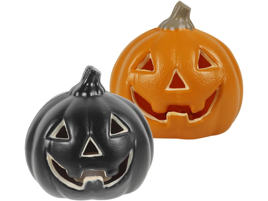 Conjunto de 2 luminárias decorativas de abóbora para o Halloween, tamanho pequeno, laranja e marrom.