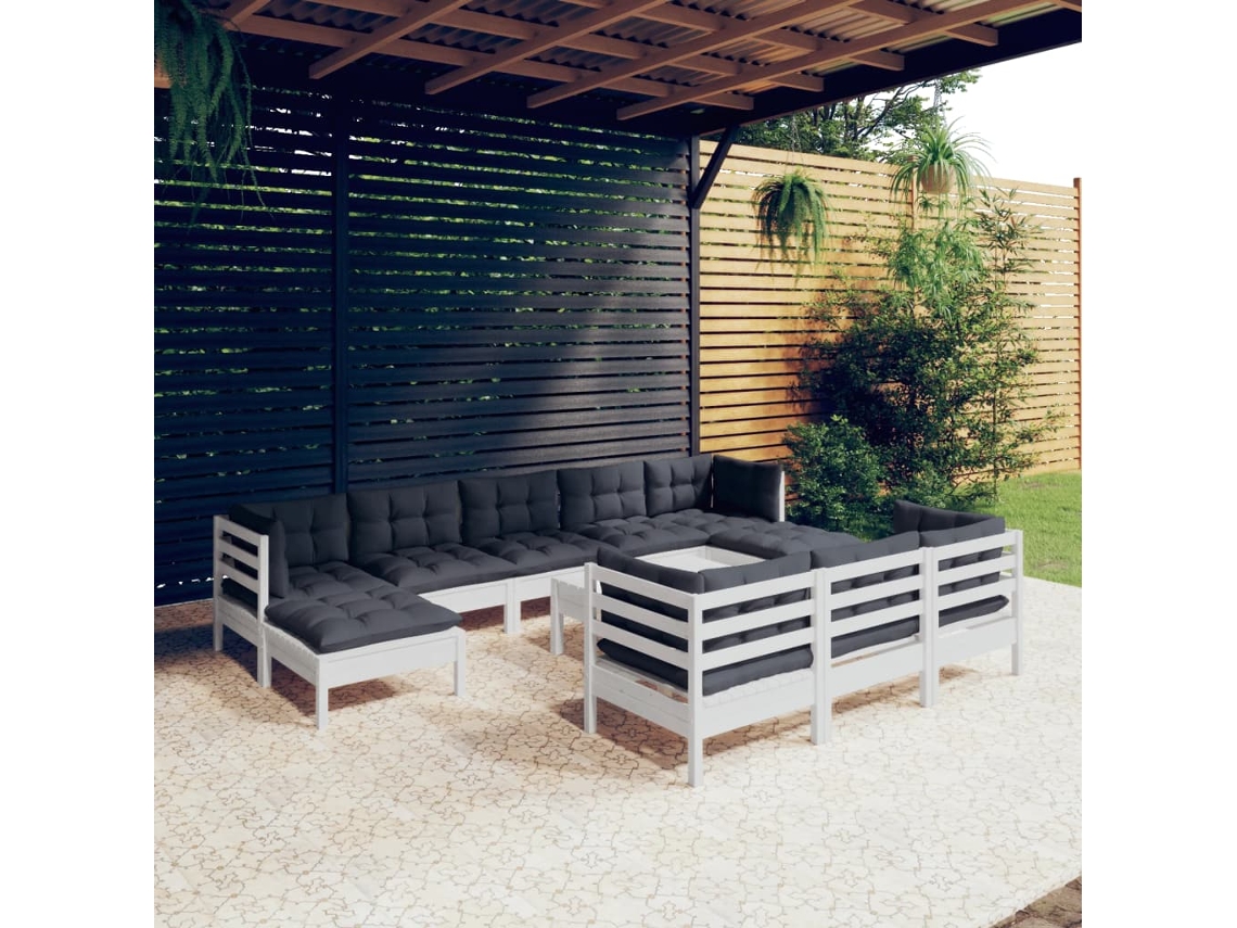 Conjunto de jardín de 11 piezas con cojines en pino macizo, blanco, DKD Home Decor