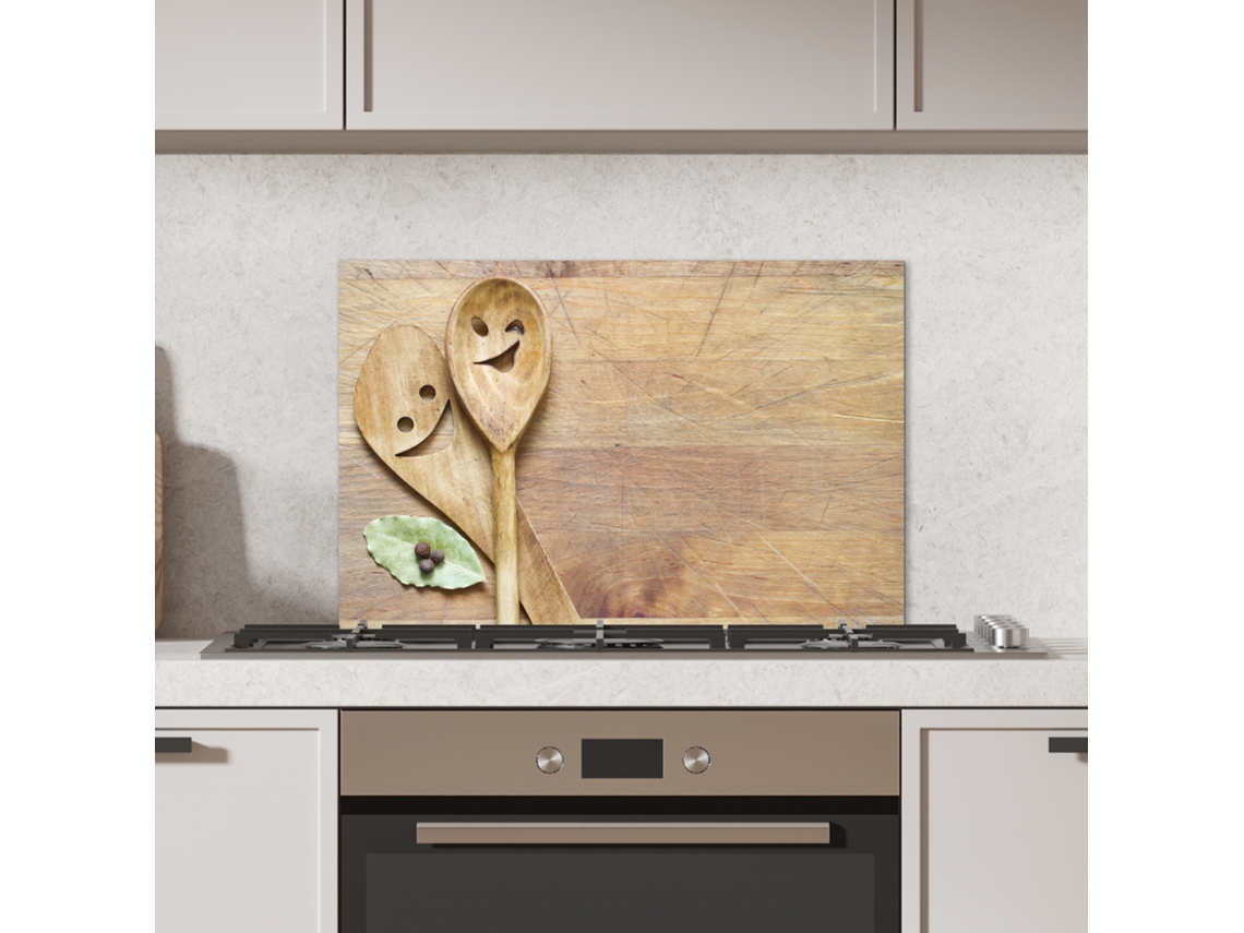Panel antisalpicaduras de cocina - Madera - Cucharas - Marrón - Sonriente 60x40 cm