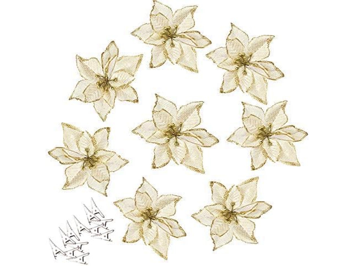 12 adornos de Nochebuena con purpurina dorada: flores artificiales para árbol de Navidad, guirnalda y decoración de bodas.