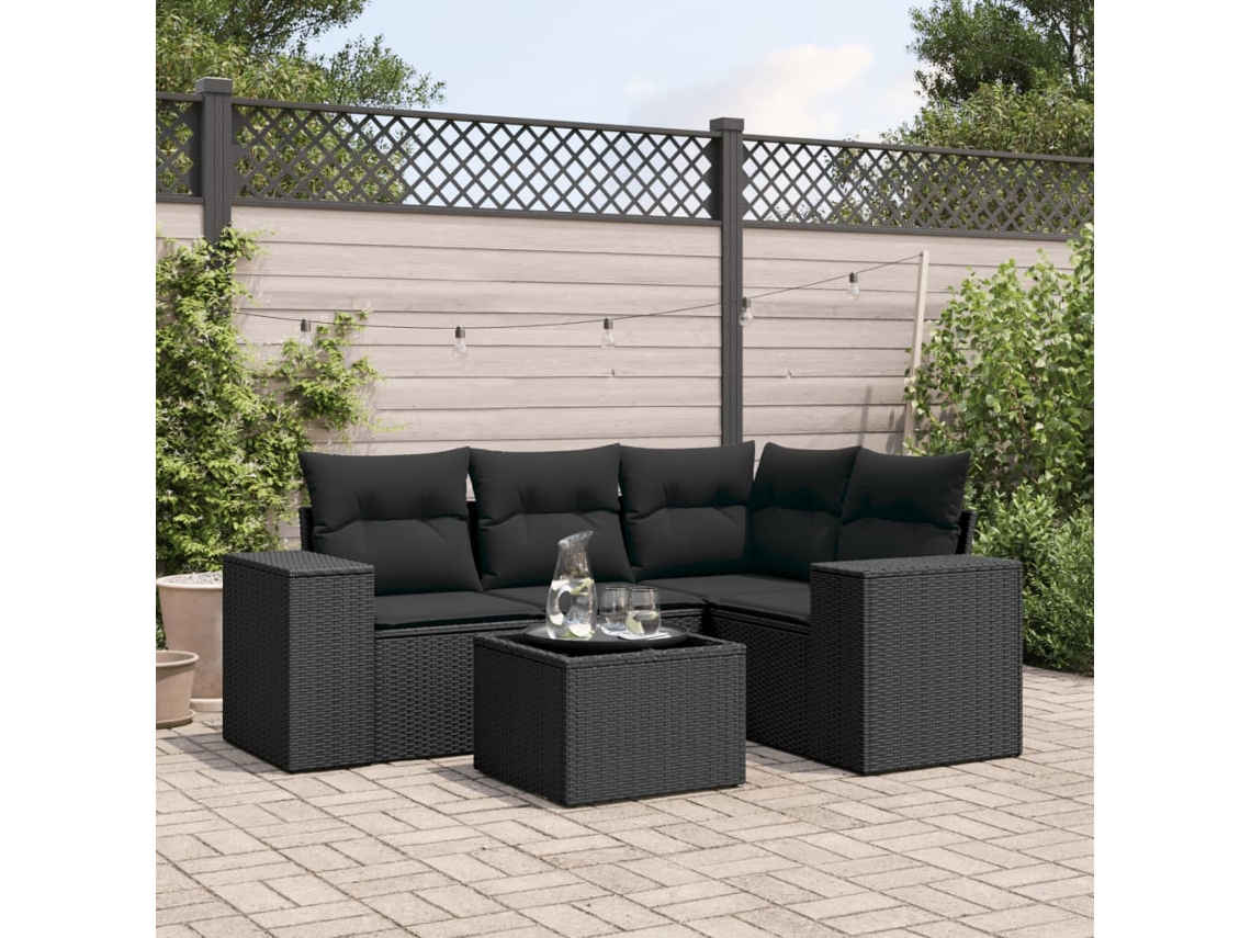 Conjunto de sofá de jardín de 5 piezas con cojines de mimbre sintético negro, Dkd Home Decor
