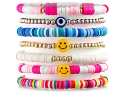 7 Pulseras Apilables Coloridas Estilo Preppy Con Sonrisa Y Ojos Turcos, Elásticas, Hechas A Mano, Estilo Y2k.