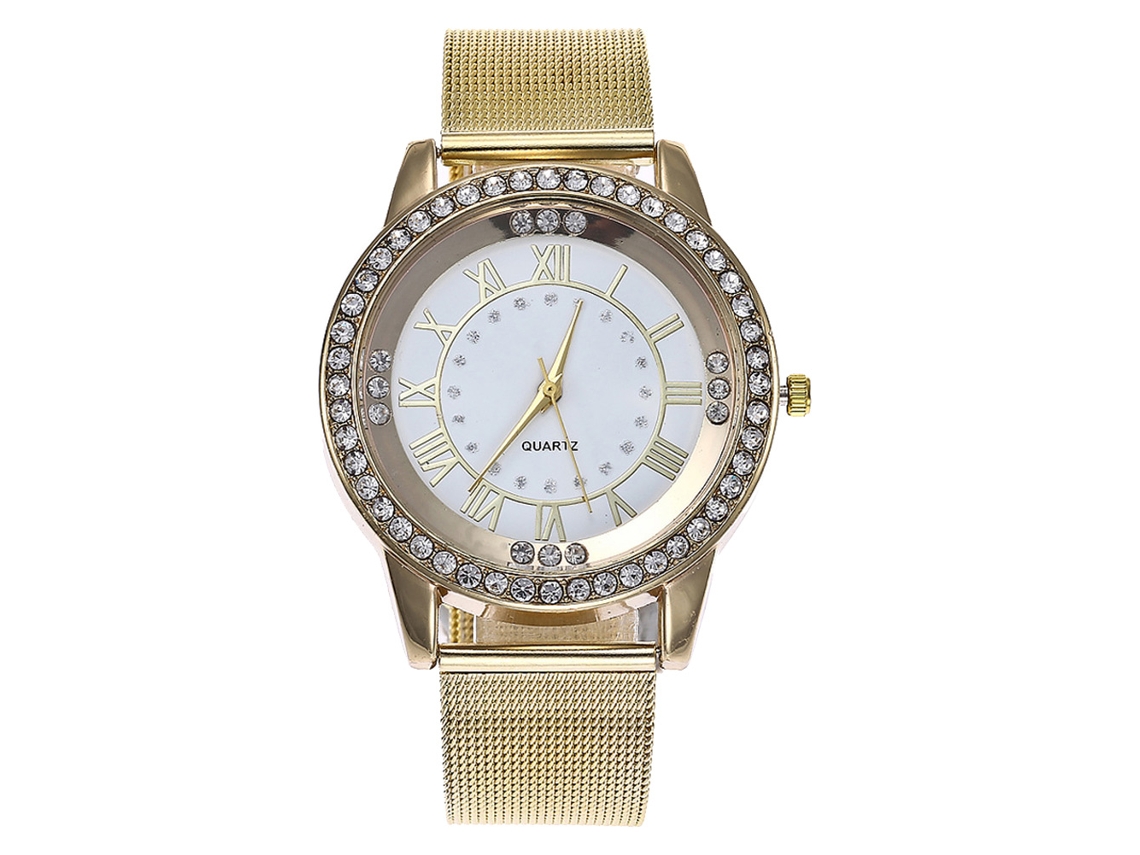 Reloj De Pulsera Unisex De Moda Con Correa De Malla Diamante Cuarzo Oro Blanco