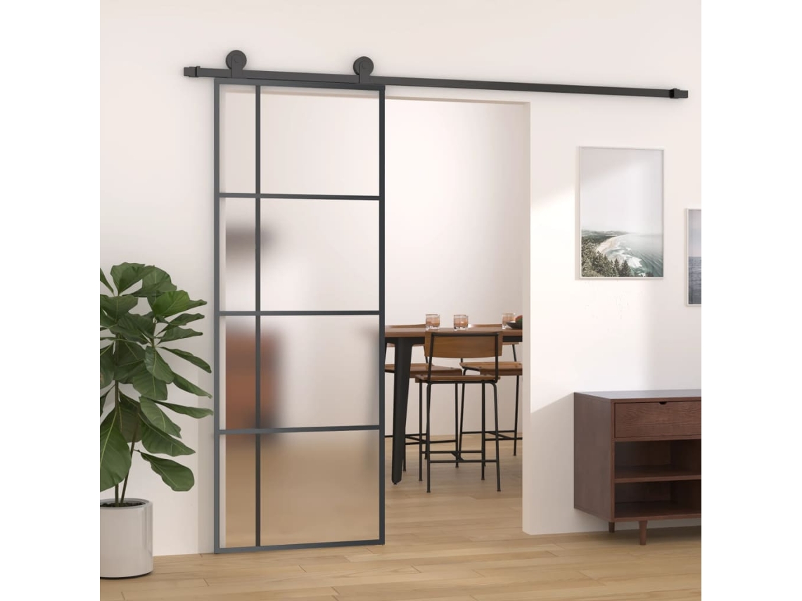Puerta corrediza | Puerta corredera de vidrio ESG esmerilado y aluminio, 76 x 205 cm, color negro, WSD226758 Lovely Home