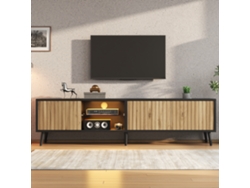 Mueble Tv Led Bajo 175x31x43,5 Cm - 3 Armarios, Vidrio Templado, 6 Patas, Apto Tv 75 Pulgadas - Madera Natural Y Negro