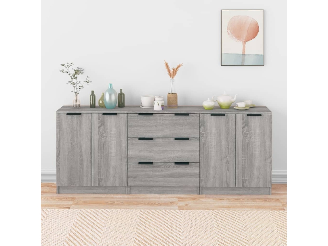 Aparador De 3 Uds | Aparador De Comedor | Armario De Cocina Madera Contrachapada Gris Sonoma