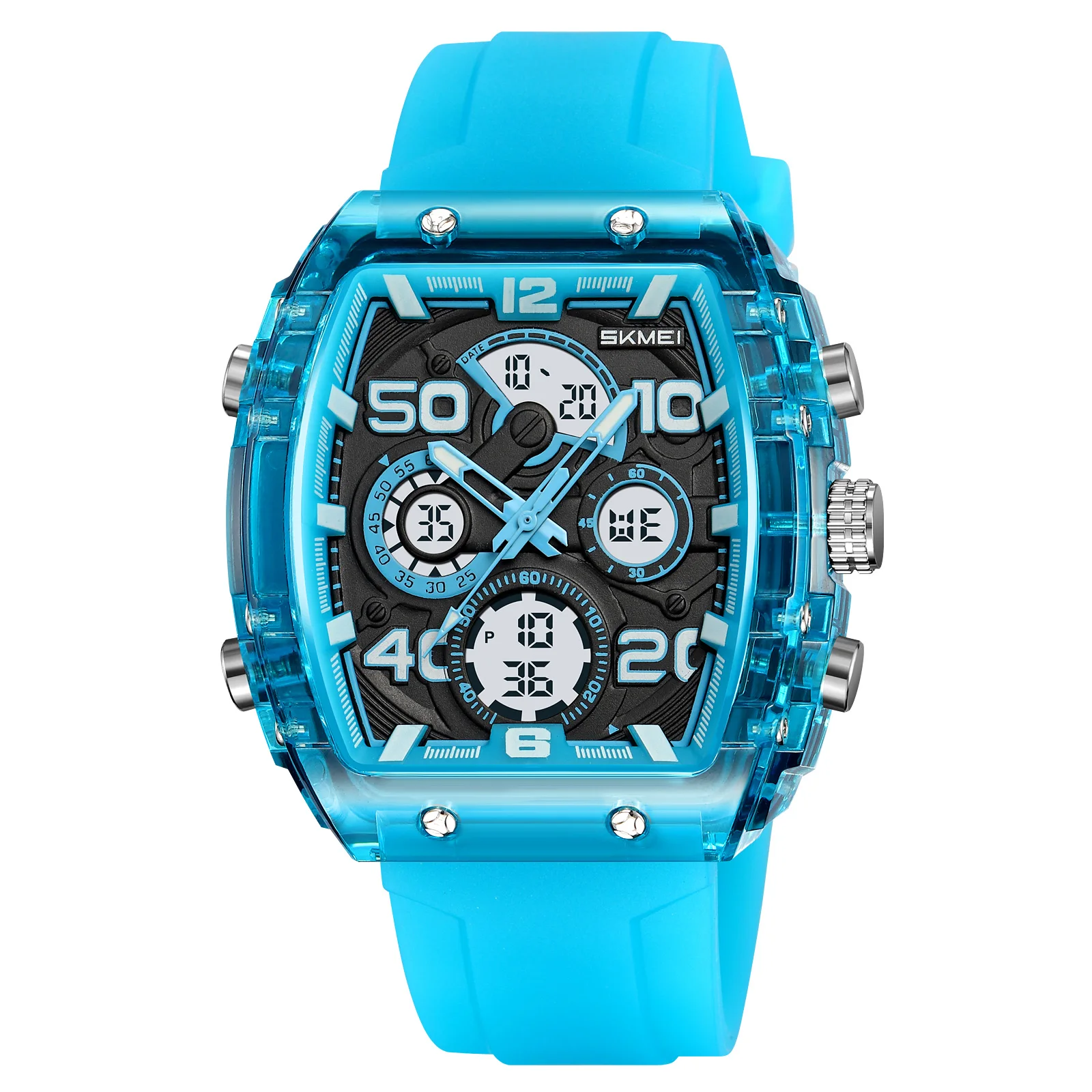 Reloj Deportivo Con Cronógrafo Led (azul Semitransparente), Caja En Forma De Tonel, Para Hombres Jóvenes.