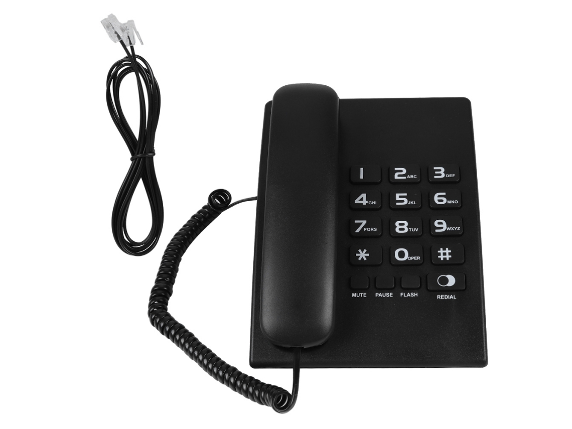 Teléfono con cable, marcación rápida y altavoz.