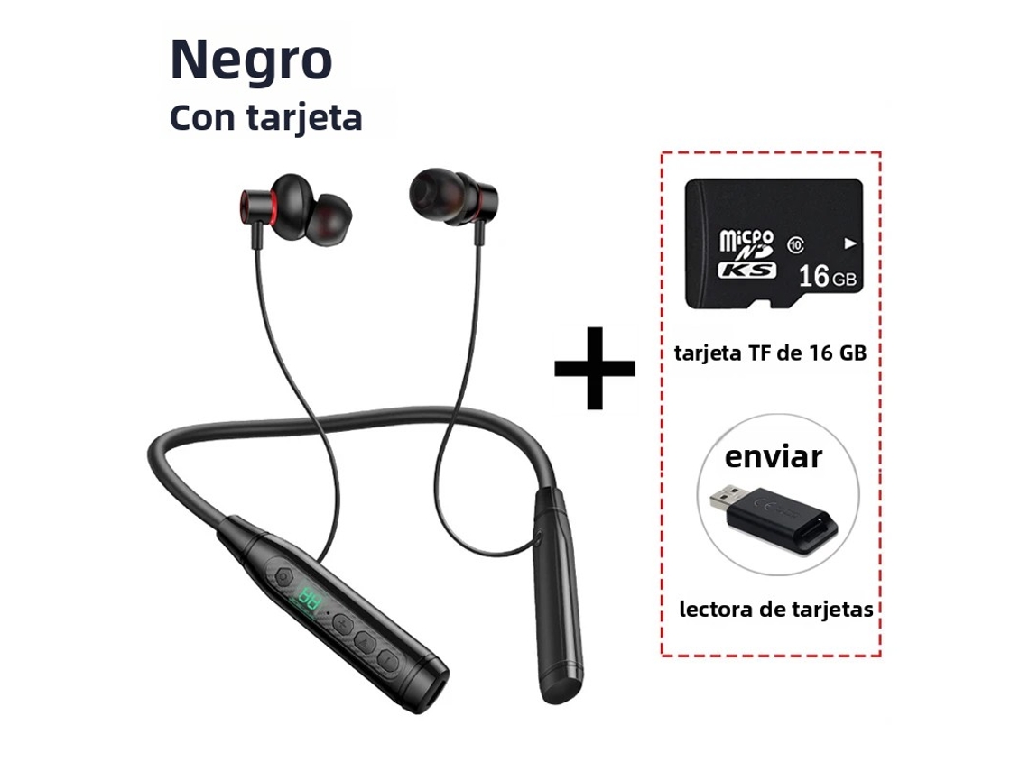 (negro Con Tarjeta) Auriculares Inalámbricos Bluetooth Con Banda Para El Cuello, Micrófono, Compatible Con Tarjeta Tf