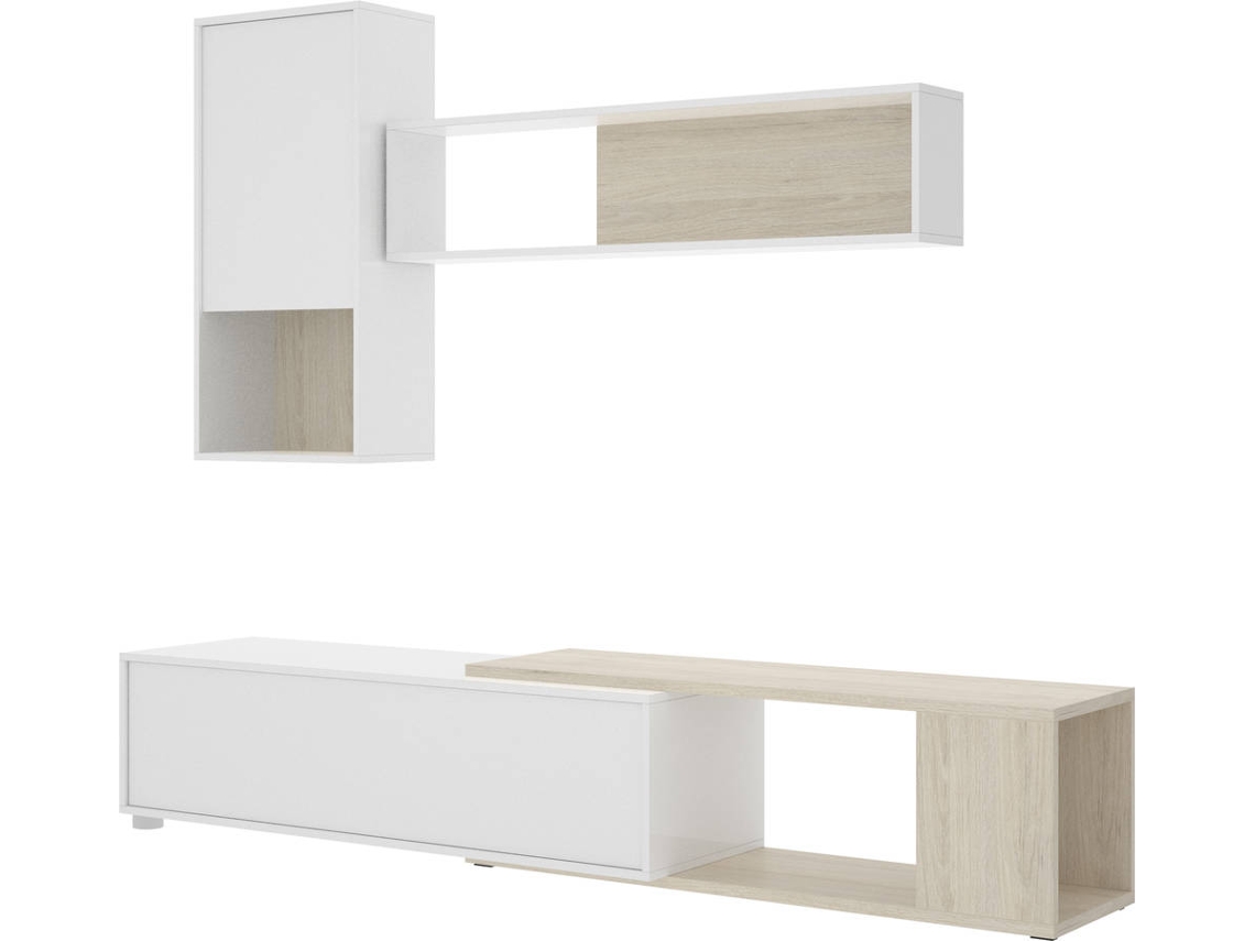 Composición de Salón TV Flexible DKIT Obi (Blanco Brillo/Natural - 180x180/230x41 cm)
