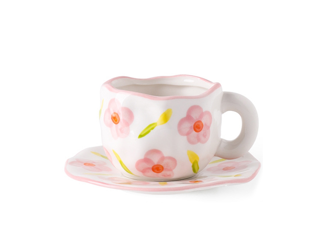 (Estilo 2) Taza de café de cerámica con estampado floral pintado a mano. Incluye taza y posavasos.